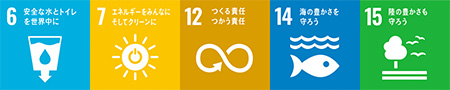 6 安全な水とトイレを世界中に 7 エネルギーをみんなにそしてクリーンに 12 つくる責任つかう責任 14 海の豊かさを守ろう 15 陸の豊かさも守ろう