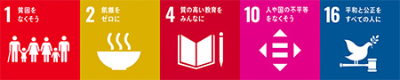 1 貧困をなくそう 2 飢餓をゼロに 4 質の高い教育をみんなに 10 人や国の不平等をなくそう 16 平和と公正をすべての人に